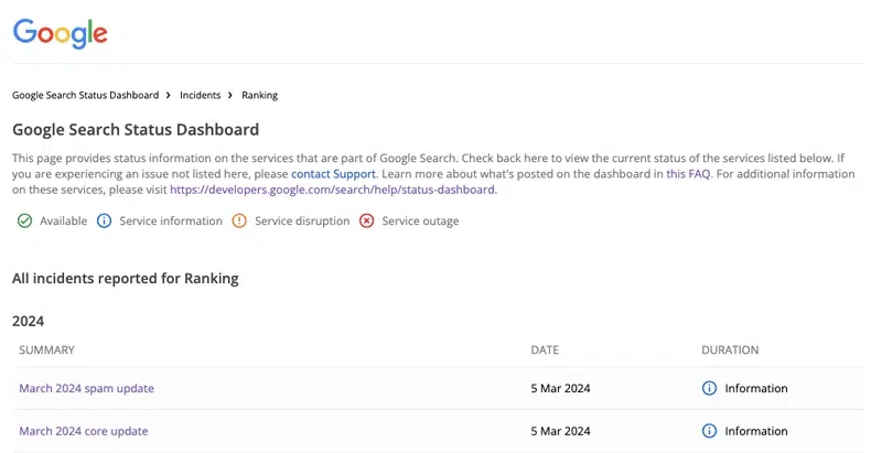 Google Search Status Dashboard   Googles algorithm updates
